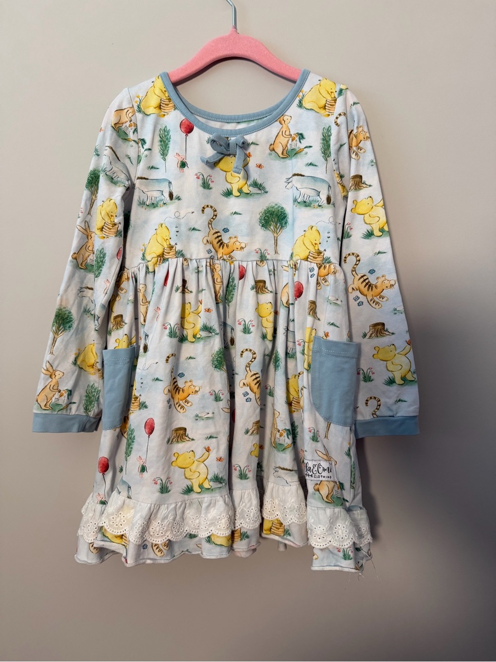 Girls Light Blue Character-Print Long Sleeve Pocket Dress